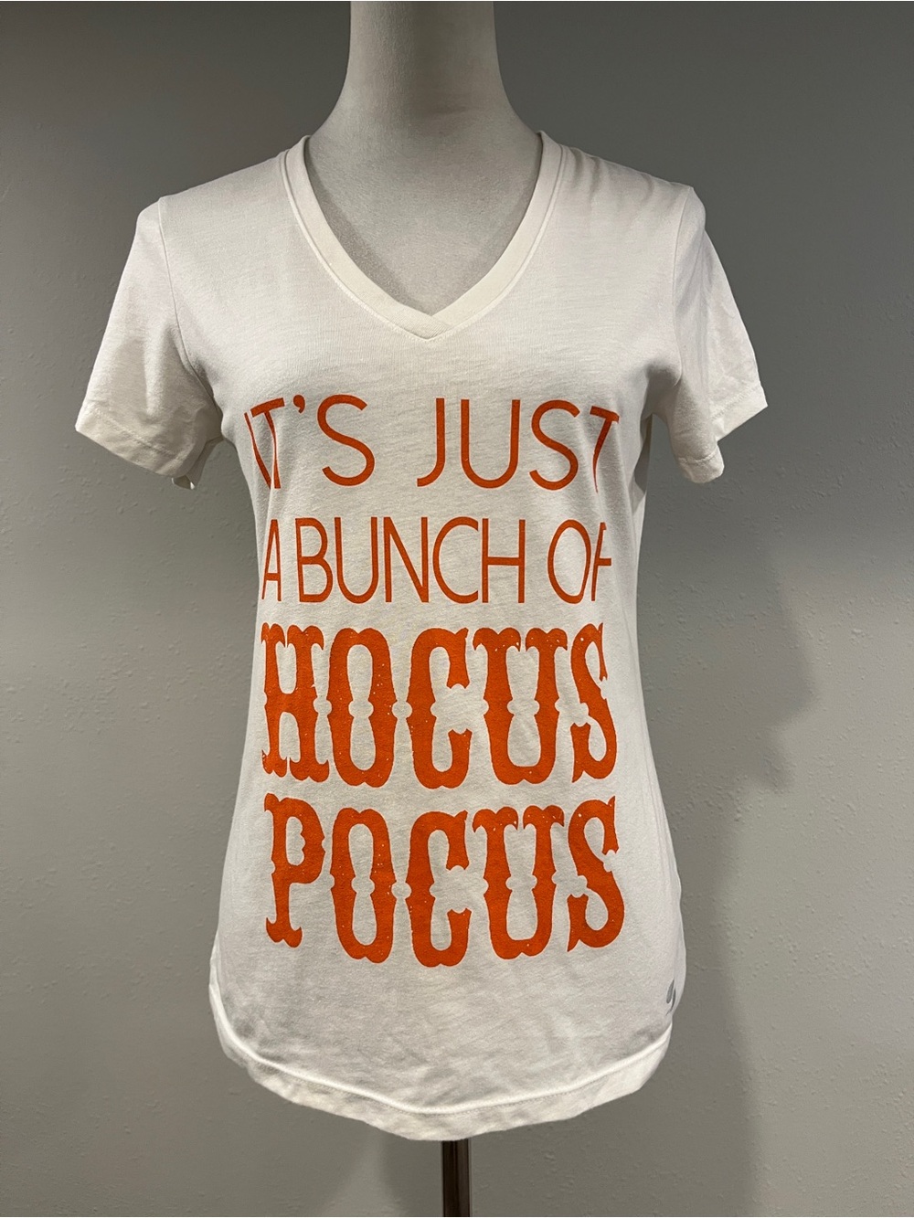 Soffe White V-Neck Tee with Orange 'Hocus Pocus' Graphic